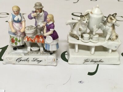 Victorian Fairings,2 Items, A, Oyster Day, B, God / Good Templars.  
Signs of restoration on Item A, relative good paint condition. Item B faded paint work and chip on bottom of base.