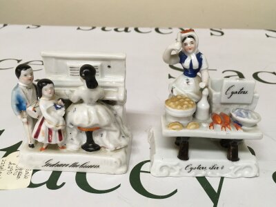 Victorian Fairings x2 A, God save the Queen, B, Oysters Sir?
Item A's paint work is quite faded, some details are still visible on the figure's faces. Item B still has details visible. small. Small chips at the back and above Oysters sign.