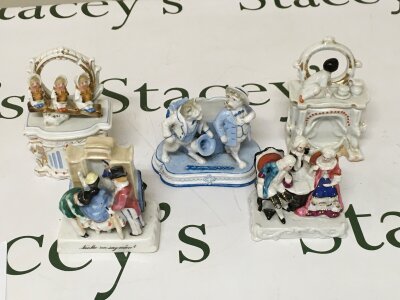 Victorian Fairings x5 assortment of depictions Now Ma'am say when, 3 figures around a board, 2 pots and a stationary holder. All in fair conditions.