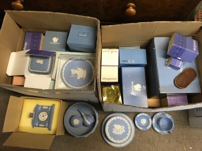 A large collection in three boxes of Wedgwood Jasperware items.