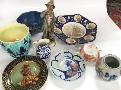 A collection of ceramics including Carlton's Fantasia Ware Burslam plates, Chinese koi fish plate, small jardiniere etc