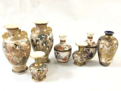A collection of miniature Japanese satsuma vases, some damage 5 to 10cm tall