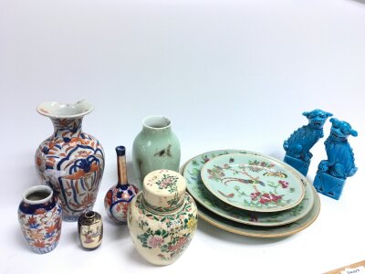 Chinese items including imari vases, blue glaze foo dogs, famille rose celadon plates etc