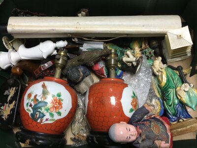 A collection of chinese items including ceramic lamp vases, figures, doll etc