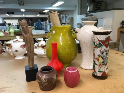 Chinese items including vases, wooden figure etc