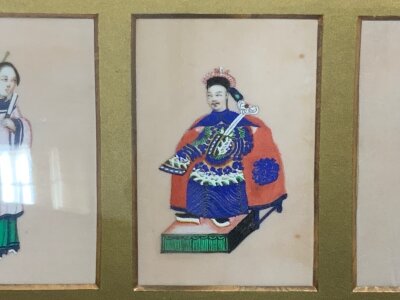 A pair of 19thC Chinese framed collections of paintings on pith paper. 55.5cm x 17cm