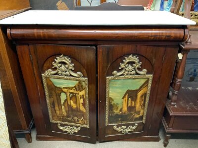 A small marble topped and rosewood topped chiffonier with 2 gilt framed capriccio oil paintings depicting  rustic Italian landscapes featuring architectural ruins applied to each door.