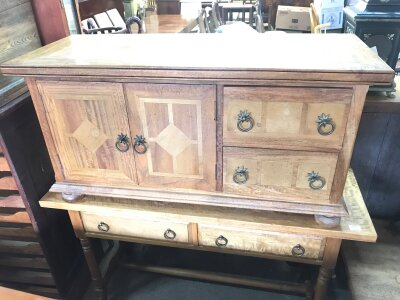 An oak side table (130cm wide, 75cm tall, 45cm deep) with two drawers and another unit (114cm wide, 45cm long, 56cm tall)