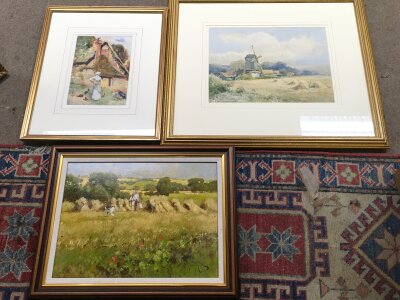 Three framed pictures including a countryside scene oil painting by John Hawkins , water painting of a windmill and another country watercolour scene NO RESERVE