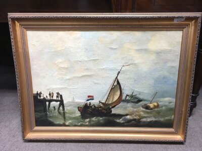 A 19th century oil painting study of a Dutch vessel off a pier with figures unsigned, later frame. Frame dimensions 75x56cm