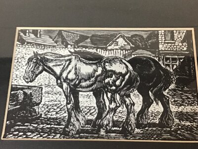 An interesting framed etching study of working horses signed in pencil a framed watercolour sailing boats by a rocky coast lime signed WH Eark. and a 20th century Grand Tour souvenir plaque (3) NO RESERVE