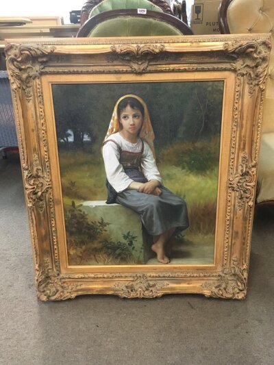 A framed oil on canvas painting signed B. Germaine , reproduction of "Meditation" (1885) by French Academic painter William-Adolphe Bouguereau, featuring a young girl with a yellow patterned headscarf. Frame dimensions 82x72cm picture 51x59cm
