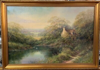 Hilary Schofield, 2 Rural cottage scene oil on canvas paintings. 104cm x 74cm / 85cm x 59cm.