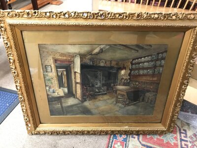 A late Victorian watercolour of a rural cottage interior ,unsigned. Frame 79x64cm