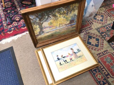 Three framed pictures including a watercolour by Jean Alexander (frame dimensions 55x45cm ) pastel pictures including two by James Tyler of children in a field and beach scene