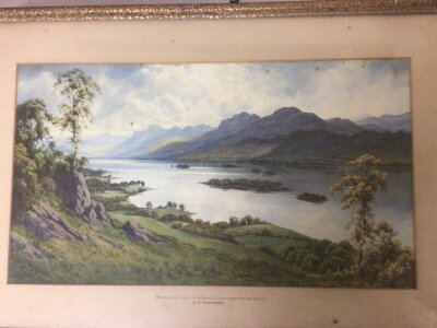Three framed watercolour view of Windermere and its Islands by E H Thompson. A framed early 19th century watercolour an interesting  scene with figures in a court yard and one other watercolour (3)