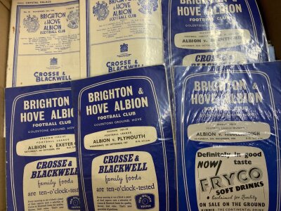 Brighton Home Football Programmes: Large quantity with at least one per season from 53/54. There are hundreds of a more modern era all individually bagged to keep the excellent. Instructions to sell. (Quantity in box)