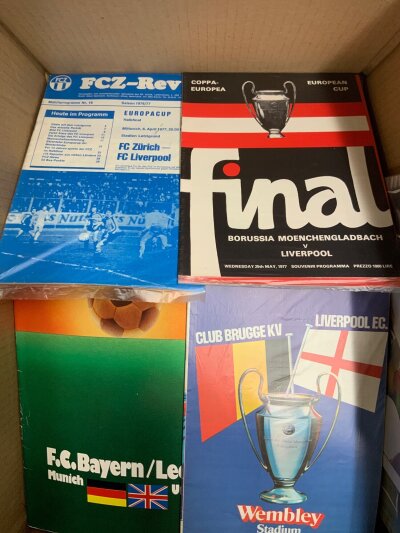 Big Match Football Programmes: Quantity of finals and semi finals to include League Cup, FA Cup, Charity Shields, World Cup and European finals to include a fair condition 1975 Bayern Munich v Leeds. Instructions to sell. (Quantity in box)