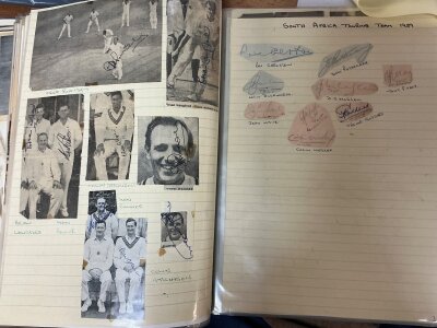 Cricket Autograph Collection: Lovely collection with hundreds of autographs mainly from the late 50s onwards. Often small magazine pictures that have been stuck down to lined paper although there are some Essex players photos. Index at the beginning indicates most counties are covered. Album is worth a look. C/W 2 books relating to the 1948 Olympic Games.