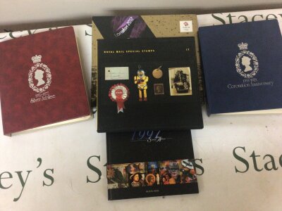 A collection of stamps comprising Royal Mail Special Stamps 12 Team GBgold medal winners stamp collection 1952-1977 silver Jubilee stamp album collection 1953-1978 Coronation stamp album and 1977 stamp album.