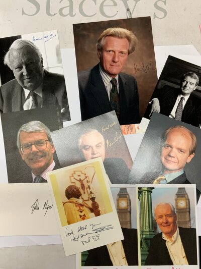 A collection of political autographs, signed photos, some letter headed Hose of Commons. to include, Enoch and Pamela Powell, John Major, Edward Heath, Ian Paisley, Mo Mowlem, Jeffrey Archer, Bishop Desmond Tutu, Tony Benn, William Hauge, Norman Lamont, Paddy Ashdown, Michael Heseltine, David Owen. Etc..- NO RESERVE
