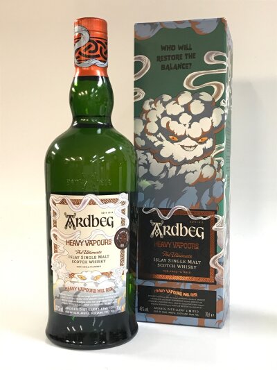 A boxed bottle of Ardbeg heavy vapours Islay single malt scotch whiskey