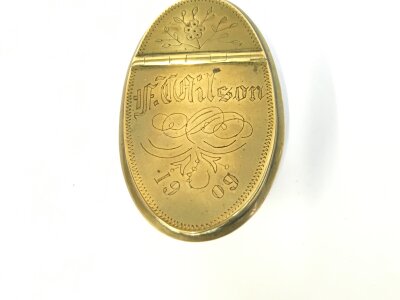 A brass snuff slipper box with engraving for F Wilson 1909 NO RESERVE