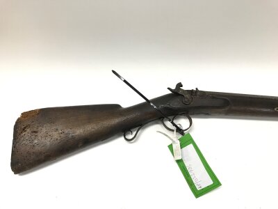 19th-century percussion cap rifle. Approximately 60 inches overall length.
