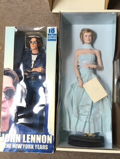 Two boxed figures John Lennon the New York years and a Franklin Mint porcelain portrait lady Diana figure