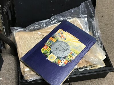 A metal document chest containing naval, World War II and coronation memorabilia