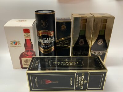 A collection of boxed alcohol, to include 1 Litre Grand Mariner, Glenfiddich single malt, Johnnie Walker Black label, x2 Camus Celebration cognac’s, Renault Cognac Carte Noir.