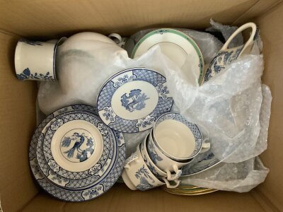 3 boxes of various ceramics, blue and white Booths etc…