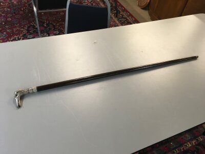 A silver bird head sword stick. Blade 33cm long . Total length 96cm