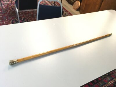 A malaca Burmese silver top sword stick. 93cm long . Blade 38cm long