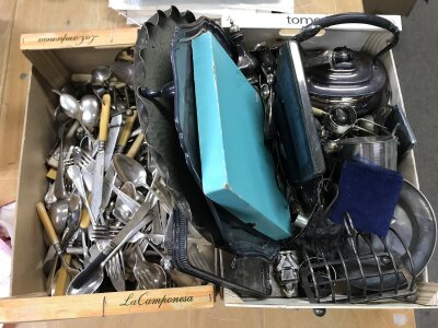 Two boxes of silver plate items and cutlery etc.