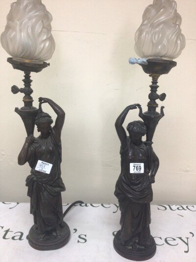 A Pair of Victorian Spelter figures of Classical design converted to lamps some damage. Hight 68cm.