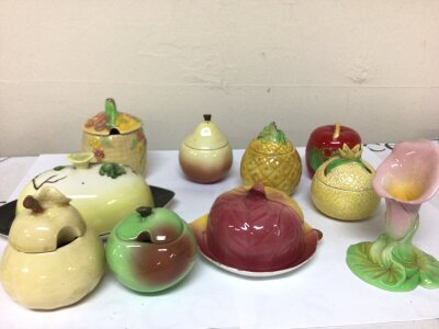 A Collection of novelty ceramic preserve jars a Carlton Ware vase and a dish (a lot) NO RESERVE