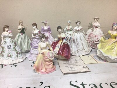 A Collection of eleven Royal Doulton Worcester Coalport and other porcelain lady figures no obvious damage some certificates. (11)