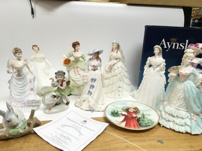 A collection of porcelain figures including Coalport, Doulton, Ansley boxed