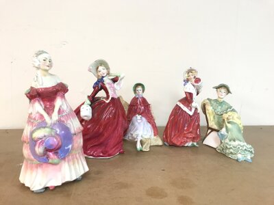 Five Royal Doulton porcelain figures including Veronica, Ascot, Christmas Morn, Sally etc