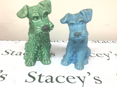 Two Vintage Sylvac dogs three ornaments a blue and green 1308 model dogs. No obvious damage.