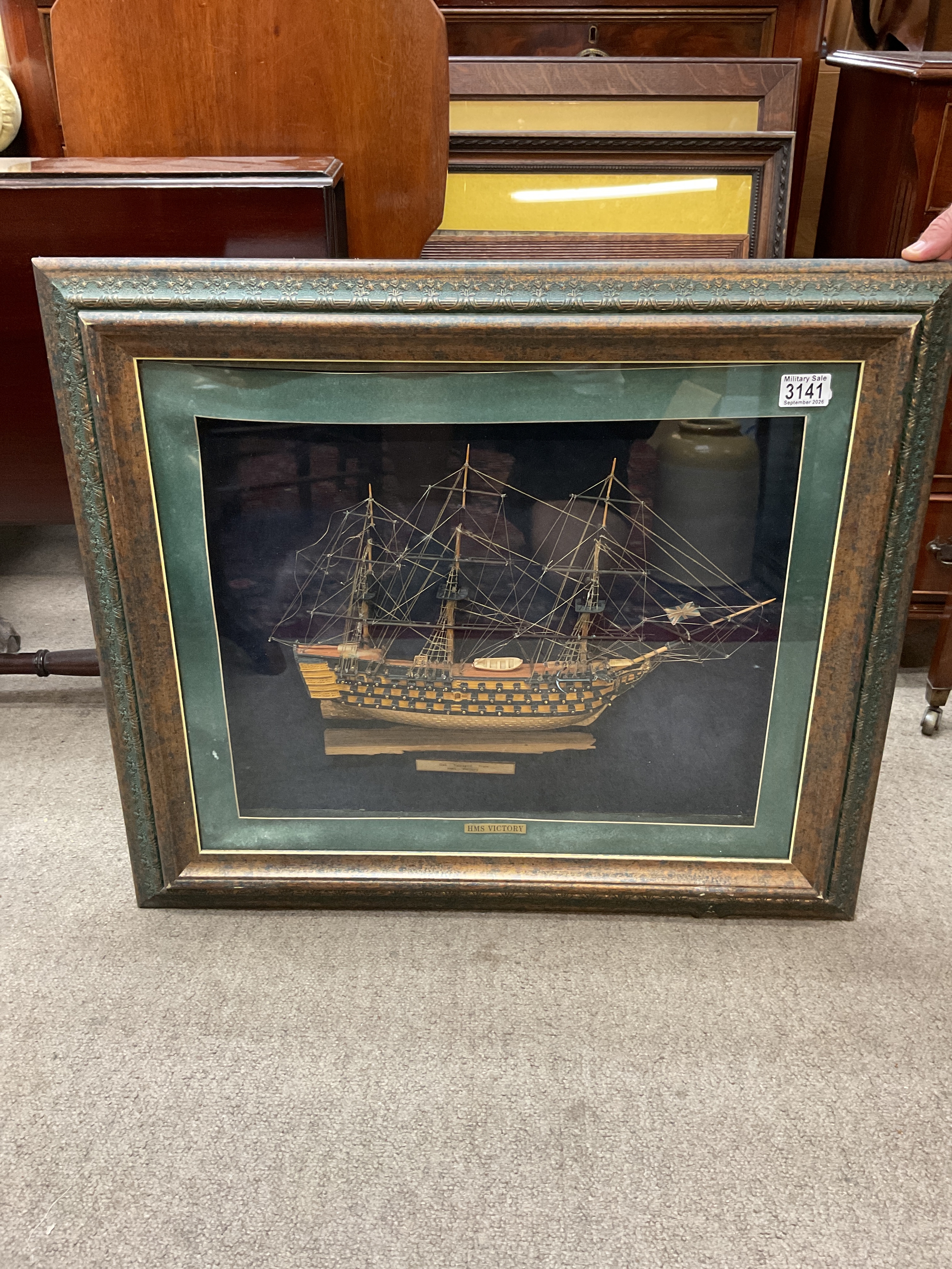 Framed HMS Victory model and oak from HMS Victory 