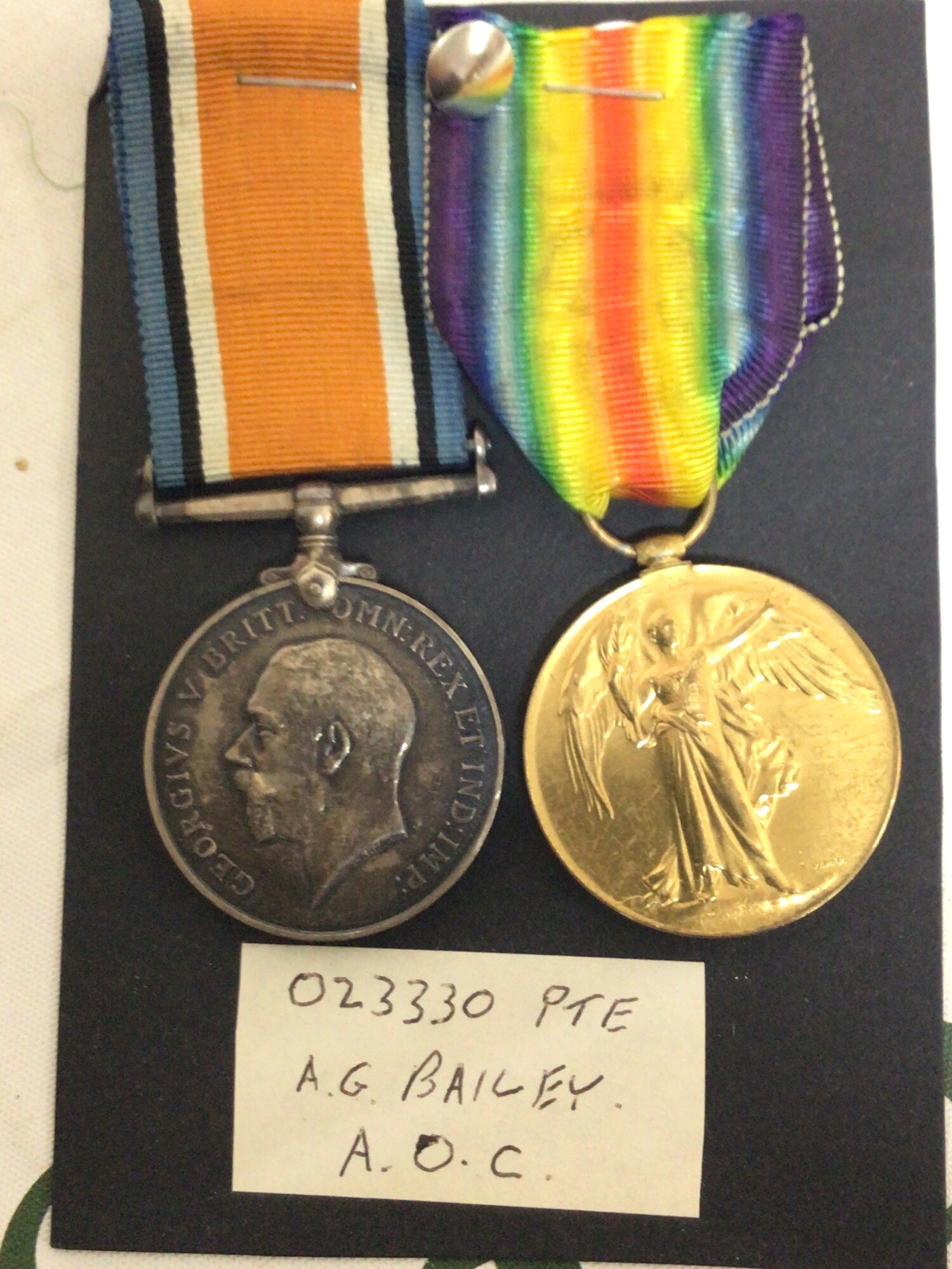 Two I world war medals awarded to 023330 Pte AG Bailey A.O.C