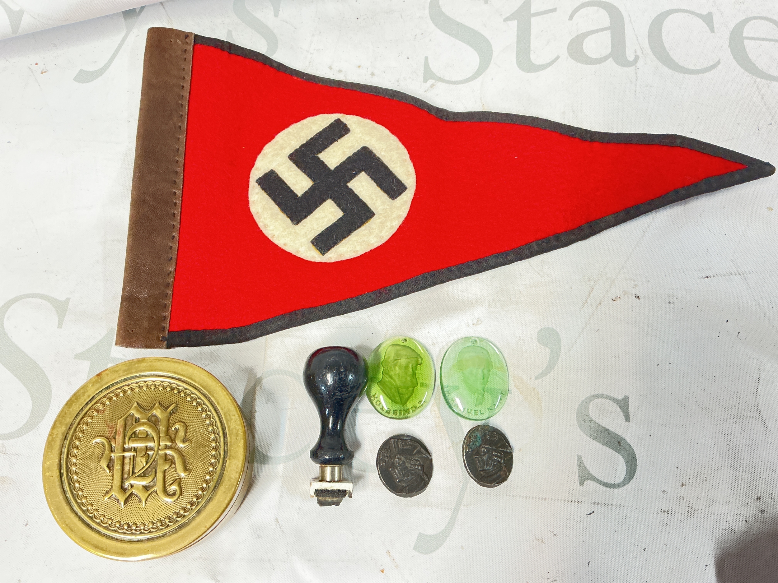 A Nazi Pennant, A Swastika Stamp, 4 Commemorative Tokens And A German Initialled Box.