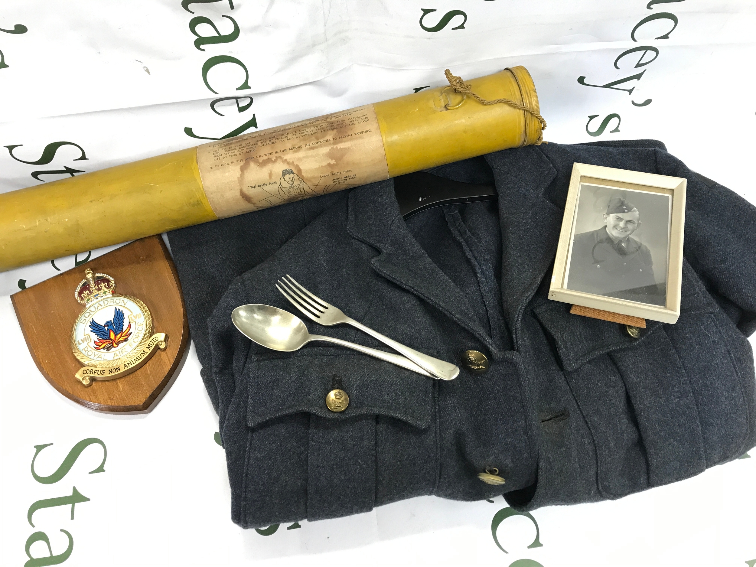 RAF items including a jacket, spoon and fork, plaque and a box kite