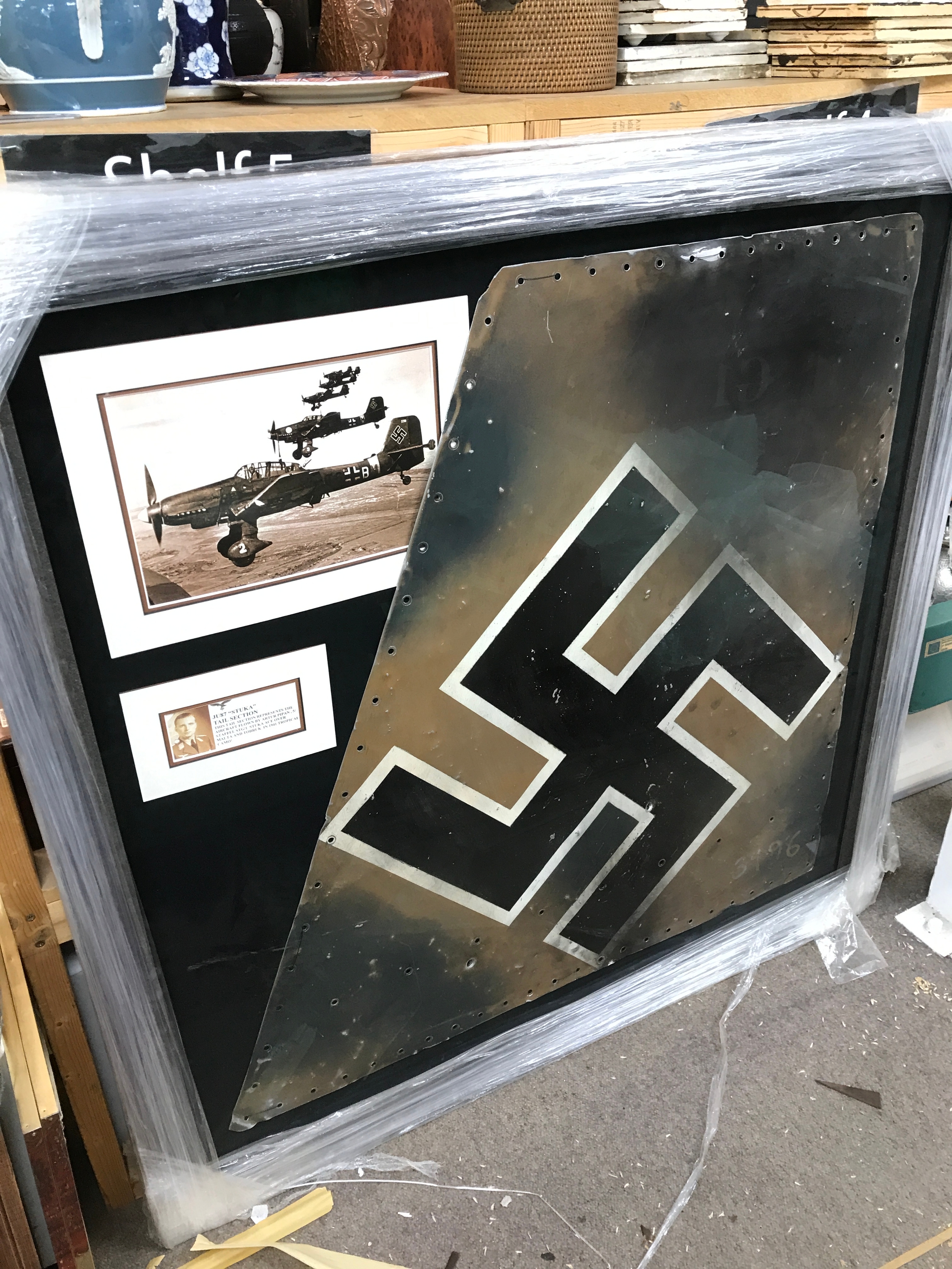 WW2 German Third Reich JU87 "Stucka" tail section, this tail section represents the aircraft flown by Arthur Pipan, 5/ Staffel STG/1 Stuka ace over Malta and Tobruk in 1941 tropical camo. Case 117x120, tail approx 95x98cm