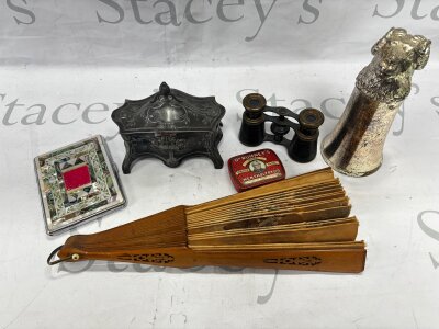 A Vintage fan with carved wood sticks. A stirrup cup pewter box onyx egg ornament cigarette case opera glasses.- NO RESERVE