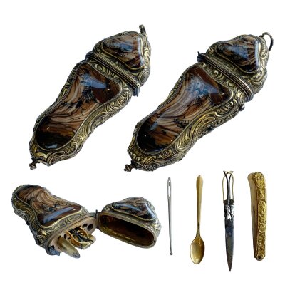 18th century gilt metal and moccha stone (agate) etui and accessories.