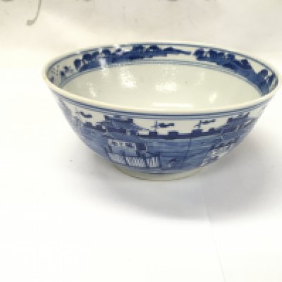A Chinese blue and white porcelain bowl featuring traditional landscape scenes. Approximately 14.5cm diameter. Last picture shows very slight hairline crack.