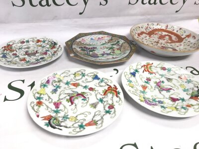 Chinese porcelain Five plates, dragon and Phoenix plate with a six character mark at base. No reserve